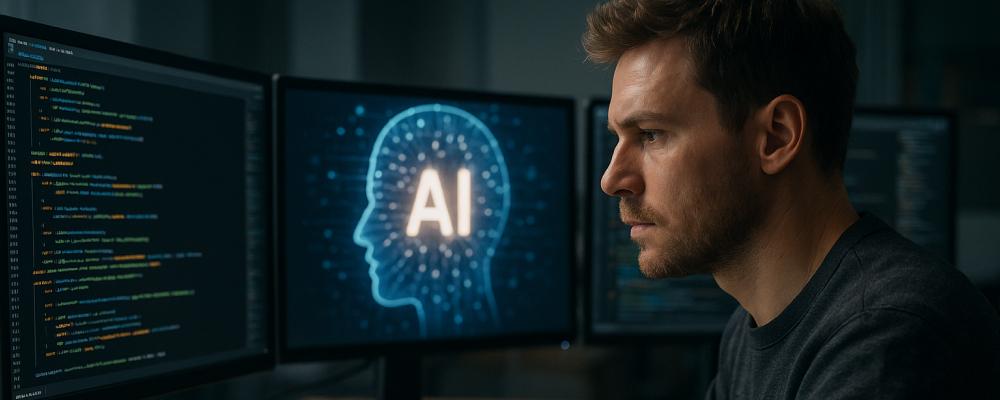 Software developer looking at screen with AI image