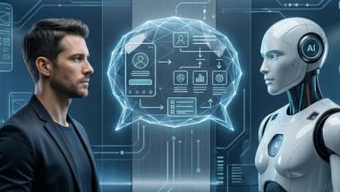 Human and AI robot "speaking" the same language 