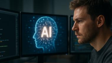 Software developer looking at screen with AI image
